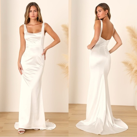 NWOT Lulus Sensational Promise White Satin Square Neck Mermaid Maxi Dress - Picture 1 of 9